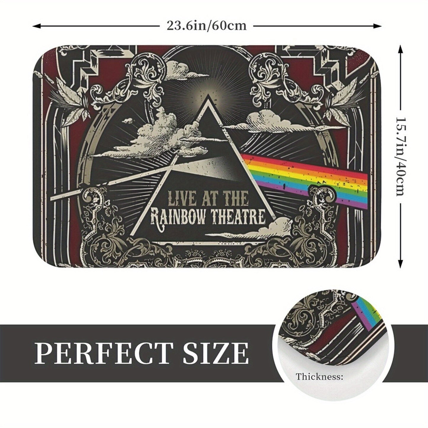 Retro "Live at the Rainbow Theatre" Dark Side Moon Tour Design Polyester Doormat - Lightweight, Non-Slip Rug for Bath, Kitchen, Balcony - Easily Cleaned in Washing Machine