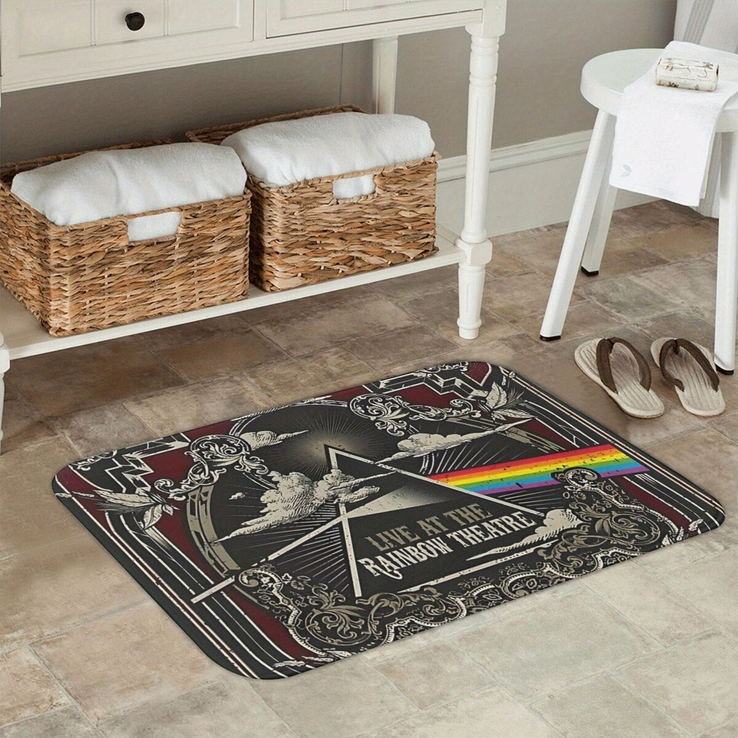 Retro "Live at the Rainbow Theatre" Dark Side Moon Tour Design Polyester Doormat - Lightweight, Non-Slip Rug for Bath, Kitchen, Balcony - Easily Cleaned in Washing Machine