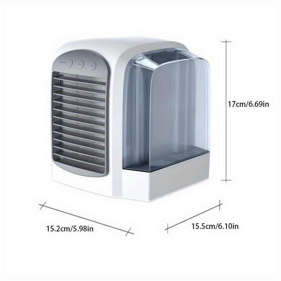 The Portable USB Mini Desk Fan with Water Cooling is a compact electric fan designed for indoor use. It features a cooling system similar to an air conditioner and comes with a power cord included.