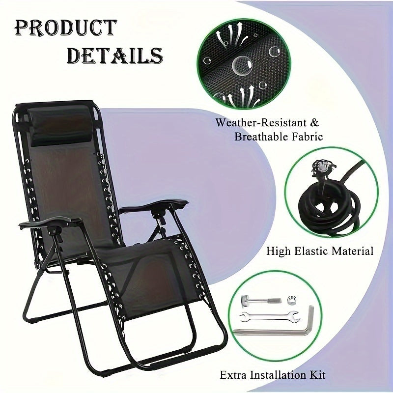 Upgrade your Zero Gravity Chairs with our Premium Textilene Fabric Replacement Kit! This set includes 4 Bungee Cords and one Textilene Fabric Sheet, perfect for outdoor furniture. Made with high-quality black fabric, this kit is sure to enhance the