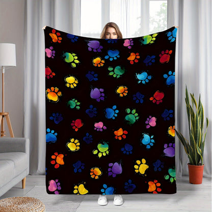 Vibrant Paw Print Flannel Fleece Throw Blanket - Cozy and Soft Blanket for Sofa, Bed, Travel, Camping, Living Room, Office Chair - Modern Polyester Knit Blanket with Long-lasting 200-250gsm Fabric Weight - Versatile All-Season Throw for Ultimate Comfort.