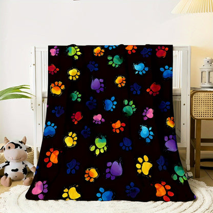 Vibrant Paw Print Flannel Fleece Throw Blanket - Cozy and Soft Blanket for Sofa, Bed, Travel, Camping, Living Room, Office Chair - Modern Polyester Knit Blanket with Long-lasting 200-250gsm Fabric Weight - Versatile All-Season Throw for Ultimate Comfort.