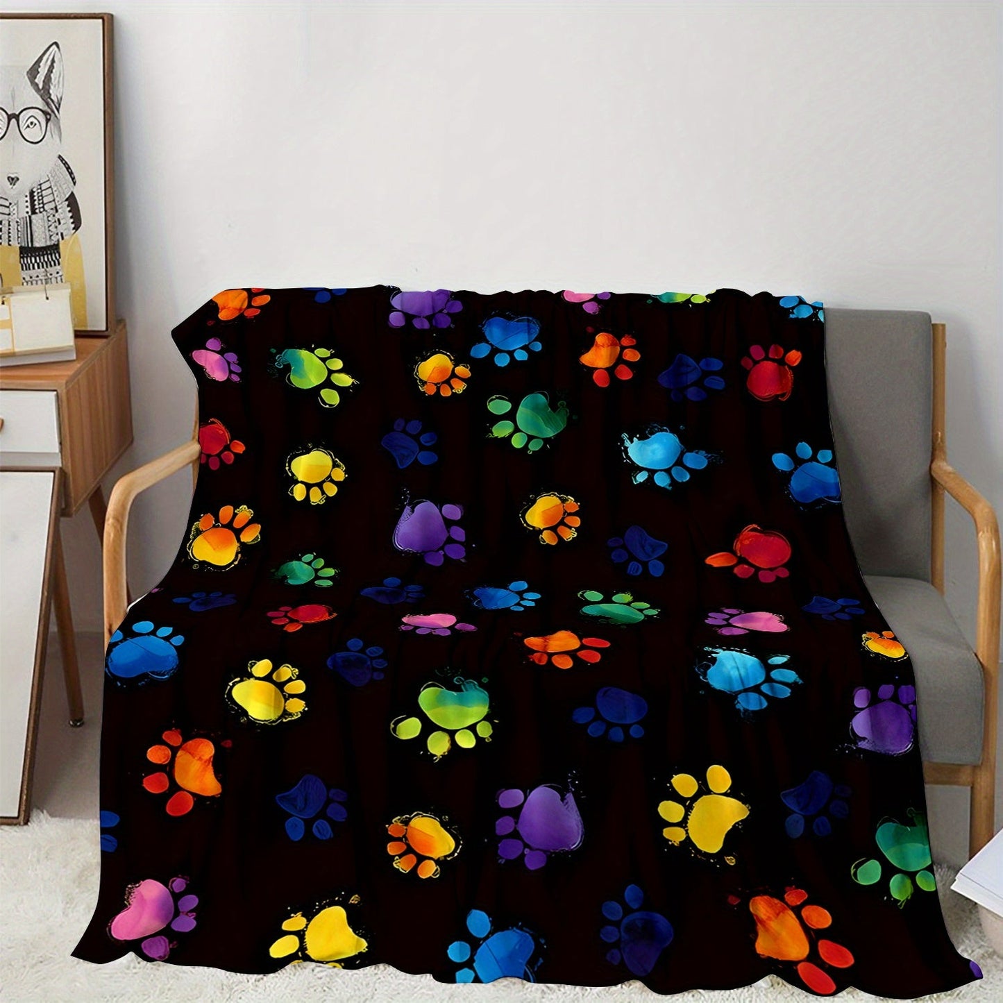 Vibrant Paw Print Flannel Fleece Throw Blanket - Cozy and Soft Blanket for Sofa, Bed, Travel, Camping, Living Room, Office Chair - Modern Polyester Knit Blanket with Long-lasting 200-250gsm Fabric Weight - Versatile All-Season Throw for Ultimate Comfort.