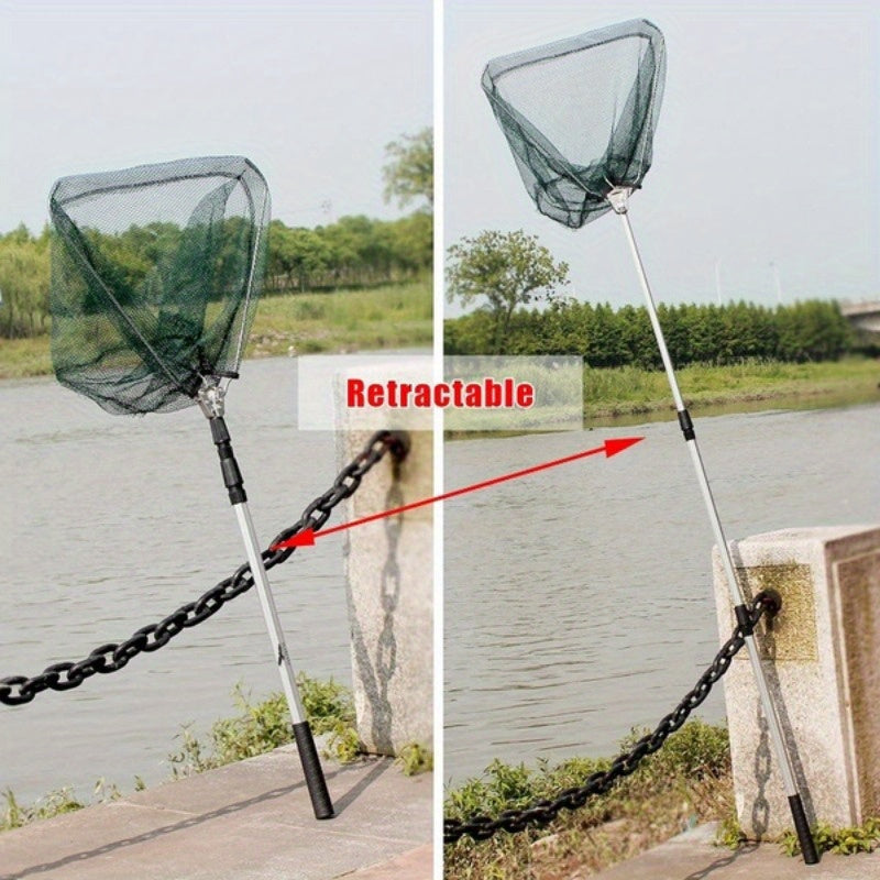 Portable collapsible fishing net with telescopic handle, essential for freshwater and saltwater fishing.