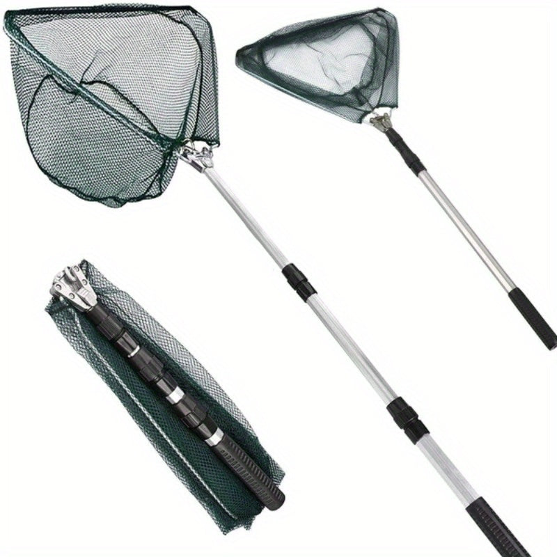 Portable collapsible fishing net with telescopic handle, essential for freshwater and saltwater fishing.