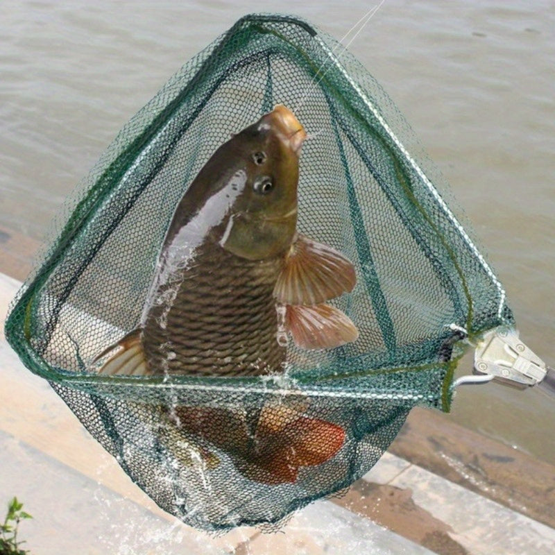 Portable collapsible fishing net with telescopic handle, essential for freshwater and saltwater fishing.