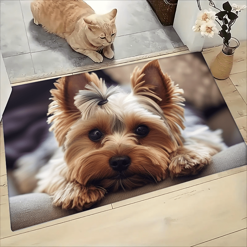 Cute Dog-Inspired Non-Slip Doormat with Wood Grain Pattern - Easy-Clean Polyester Rug for Both Indoor and Outdoor Spaces - Ideal for Living Room, Bedroom, Kitchen, and Beyond