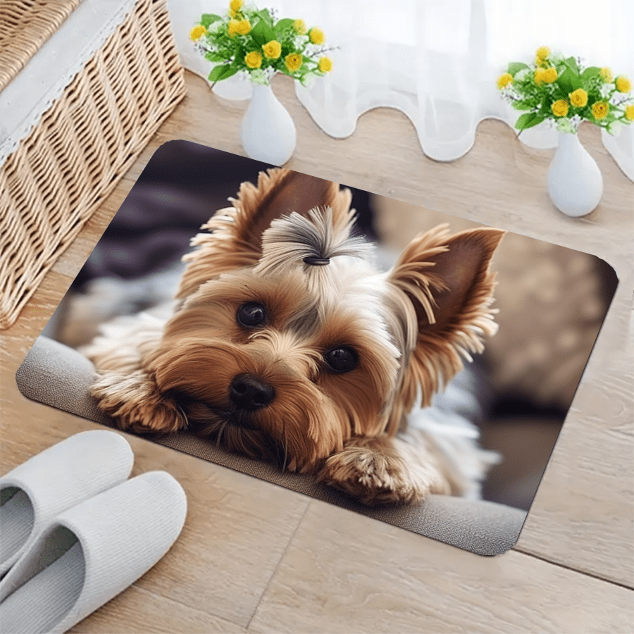 Cute Dog-Inspired Non-Slip Doormat with Wood Grain Pattern - Easy-Clean Polyester Rug for Both Indoor and Outdoor Spaces - Ideal for Living Room, Bedroom, Kitchen, and Beyond