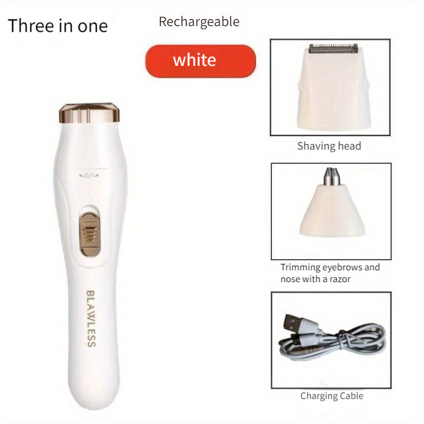 3-in-1 electric hair removal kit for women with USB rechargeable underarm razor, facial trimmer, nose hair trimmer, and full body epilator. Built-in Li-Ion battery with 600mAh.