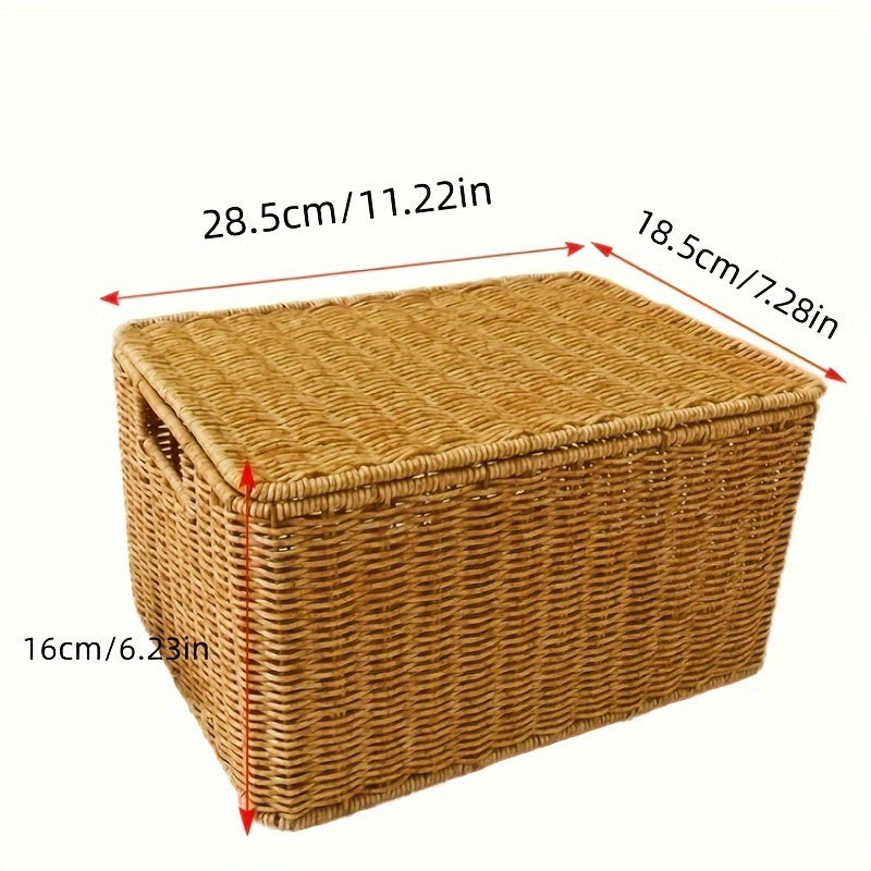 Durable and stylish rattan organizer baskets with lids for versatile storage in home, bedroom, bathroom, kitchen, and office. Ideal for clothes, toys, and snacks.