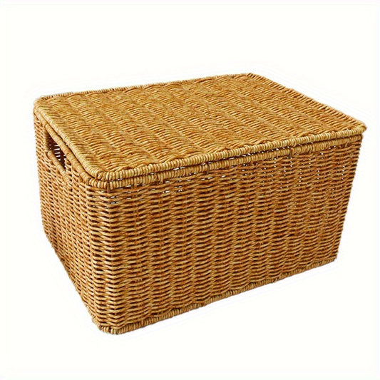 Durable and stylish rattan organizer baskets with lids for versatile storage in home, bedroom, bathroom, kitchen, and office. Ideal for clothes, toys, and snacks.