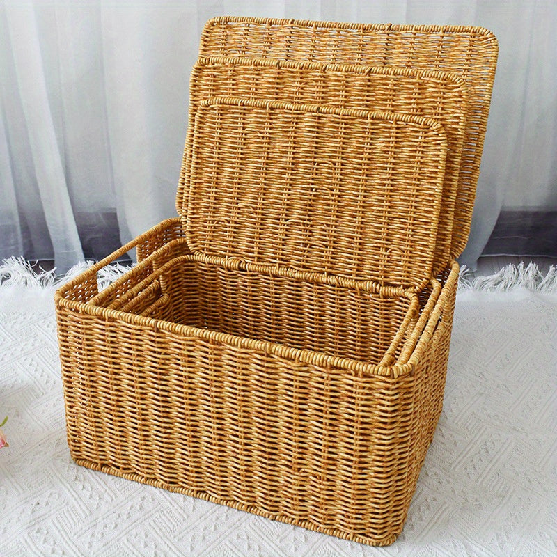 Durable and stylish rattan organizer baskets with lids for versatile storage in home, bedroom, bathroom, kitchen, and office. Ideal for clothes, toys, and snacks.