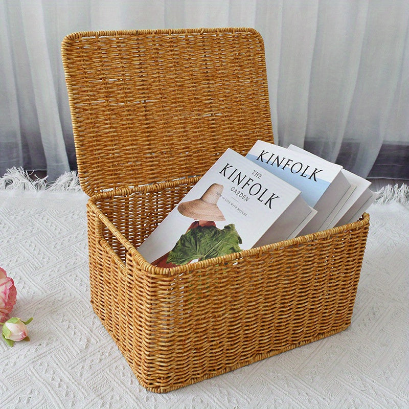 Durable and stylish rattan organizer baskets with lids for versatile storage in home, bedroom, bathroom, kitchen, and office. Ideal for clothes, toys, and snacks.