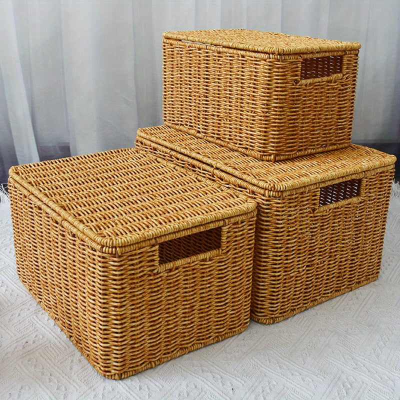 Durable and stylish rattan organizer baskets with lids for versatile storage in home, bedroom, bathroom, kitchen, and office. Ideal for clothes, toys, and snacks.