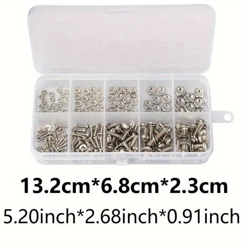 320 piece SS304 stainless steel hex nut and bolt assortment kit, durable metric sizes M2-M5, ideal for DIY projects and repairs.