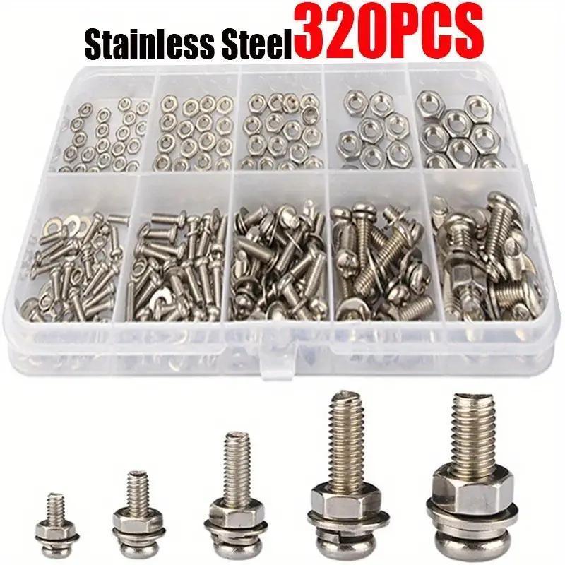 320 piece SS304 stainless steel hex nut and bolt assortment kit, durable metric sizes M2-M5, ideal for DIY projects and repairs.