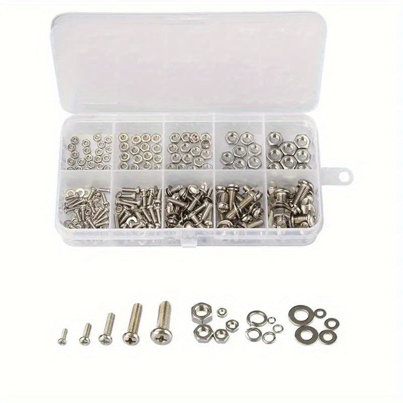 320 piece SS304 stainless steel hex nut and bolt assortment kit, durable metric sizes M2-M5, ideal for DIY projects and repairs.