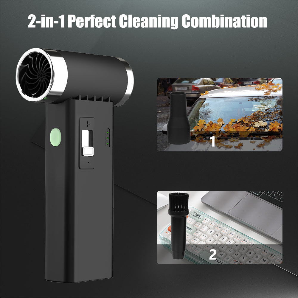 Sleek and powerful rechargeable dust blower with USB charging. Features quiet operation and detachable nozzle for cleaning home, car, bedroom, and living room. Includes digital display, bedding, and dust collector for a multi-functional cleaning