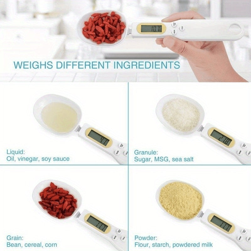 Digital kitchen scale with 500g capacity, 0.1g precision, LCD display, and measuring spoon functionality. Perfect for RV kitchens.