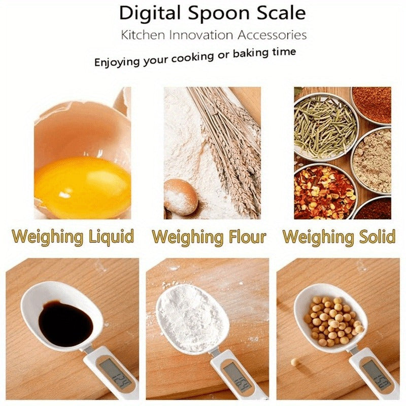 Digital kitchen scale with 500g capacity, 0.1g precision, LCD display, and measuring spoon functionality. Perfect for RV kitchens.