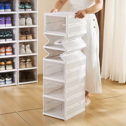 Transparent shoe organizer with 3/6 layers, dustproof and foldable, suitable for storing sneakers, boots, and accessories.