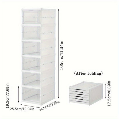 Transparent shoe organizer with 3/6 layers, dustproof and foldable, suitable for storing sneakers, boots, and accessories.