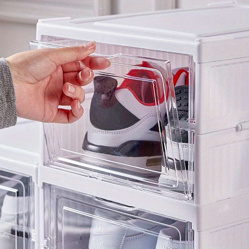 Transparent shoe organizer with 3/6 layers, dustproof and foldable, suitable for storing sneakers, boots, and accessories.