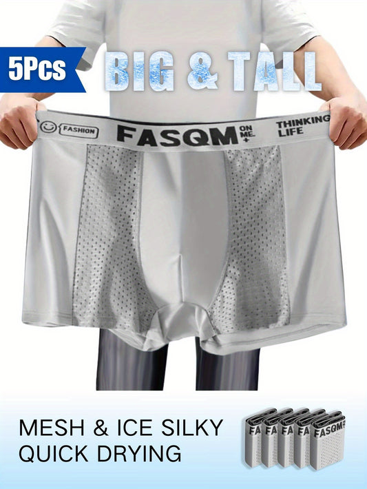 5-pack of breathable mesh boxer briefs in plus sizes, made from stretchy polyester and spandex, featuring solid colors with contrast mesh detail, knit fabric, 125gsm weight, available in