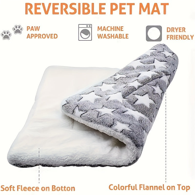 Luxurious plush flannel pet mat for cats and dogs with ultra-soft and extra-thick design, non-slip bottom, and machine washable.