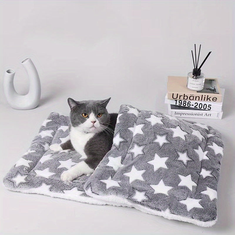 Luxurious plush flannel pet mat for cats and dogs with ultra-soft and extra-thick design, non-slip bottom, and machine washable.