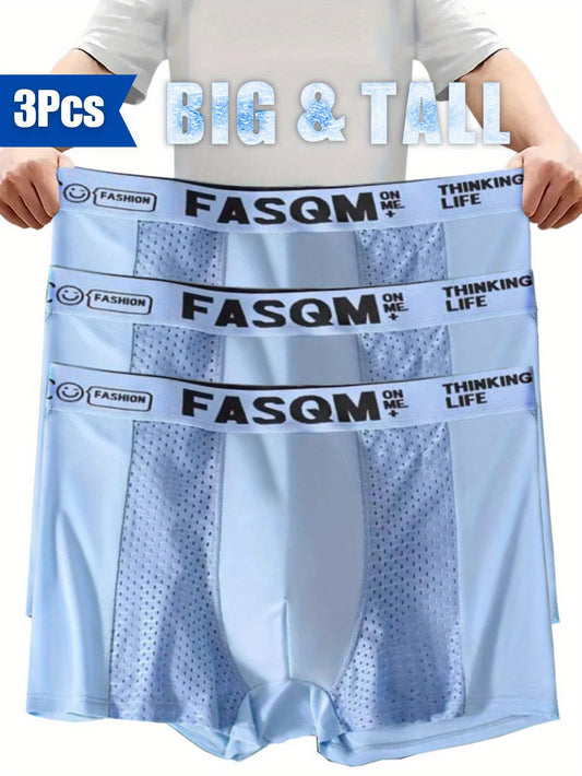 Plus Size Men's Ice Charm Boxer Briefs with Mesh Patch Breathable Stretchy Trunks in Green, Sky Blue, Black, or Deep Gray with Contrast Letter Print Waist Band, PLUS SIZE