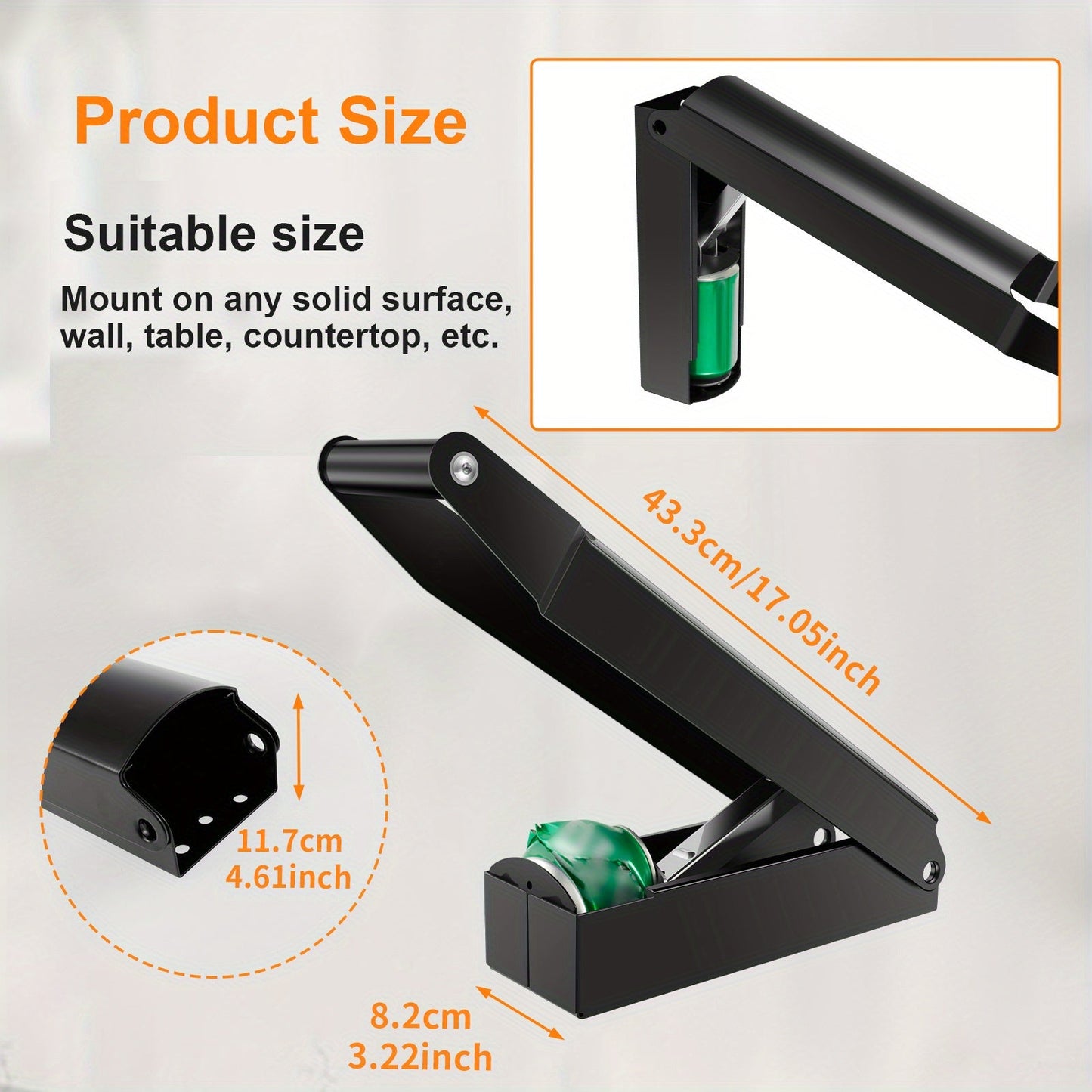 Wall-mounted can crusher for saving space crushes soda and beer cans easily. Ergonomically designed with a durable iron construction and EVA grip for recycling. Easy to use manually.