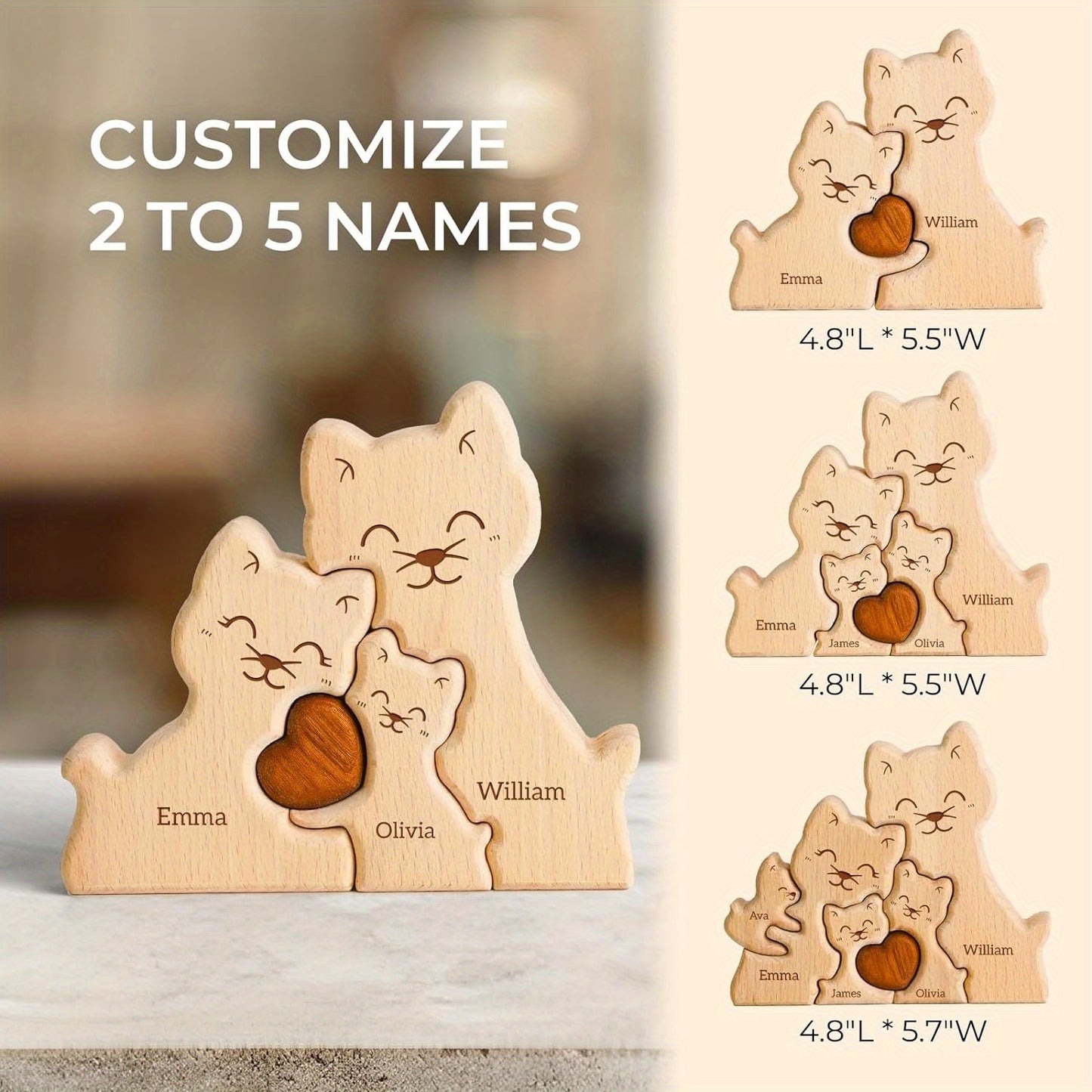 Personalized wooden cat family puzzle with 2-5 names. Ideal gift for family members. High-quality decor and special birthday present.