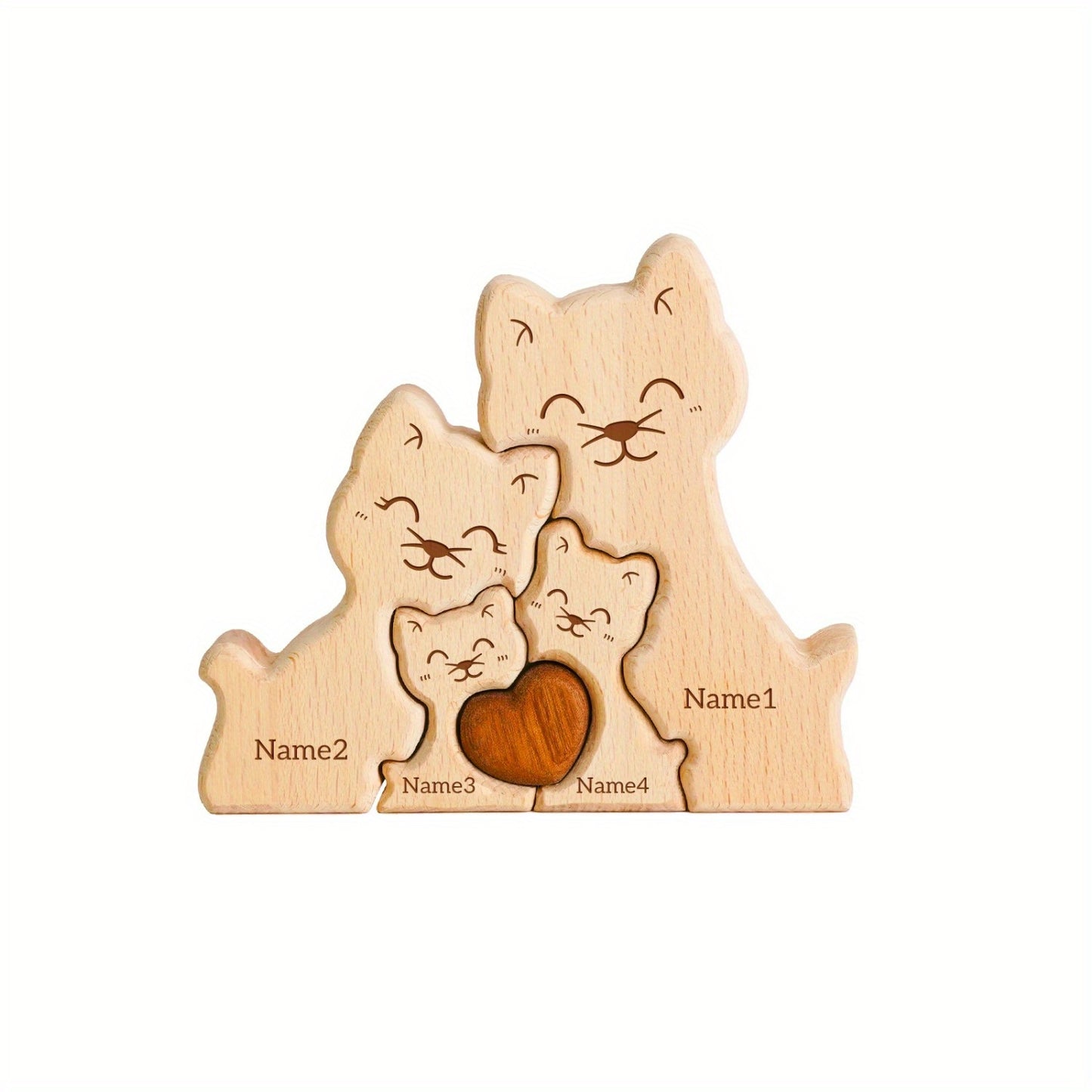 Personalized wooden cat family puzzle with 2-5 names. Ideal gift for family members. High-quality decor and special birthday present.