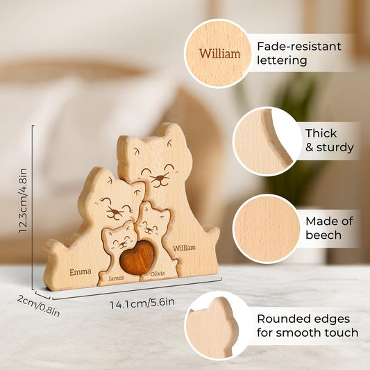 Personalized wooden cat family puzzle with 2-5 names. Ideal gift for family members. High-quality decor and special birthday present.