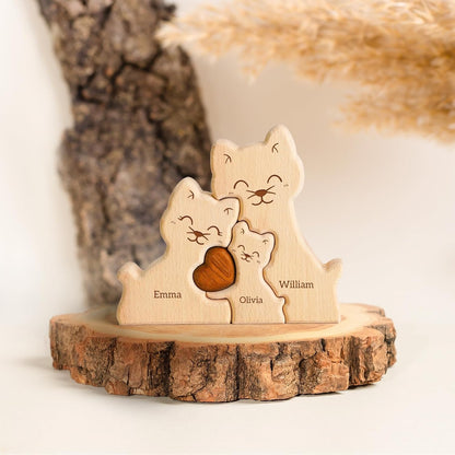 Personalized wooden cat family puzzle with 2-5 names. Ideal gift for family members. High-quality decor and special birthday present.