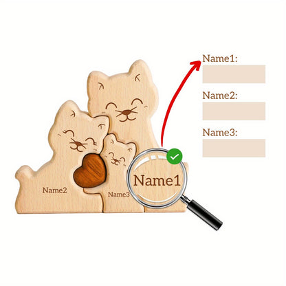 Personalized wooden cat family puzzle with 2-5 names. Ideal gift for family members. High-quality decor and special birthday present.