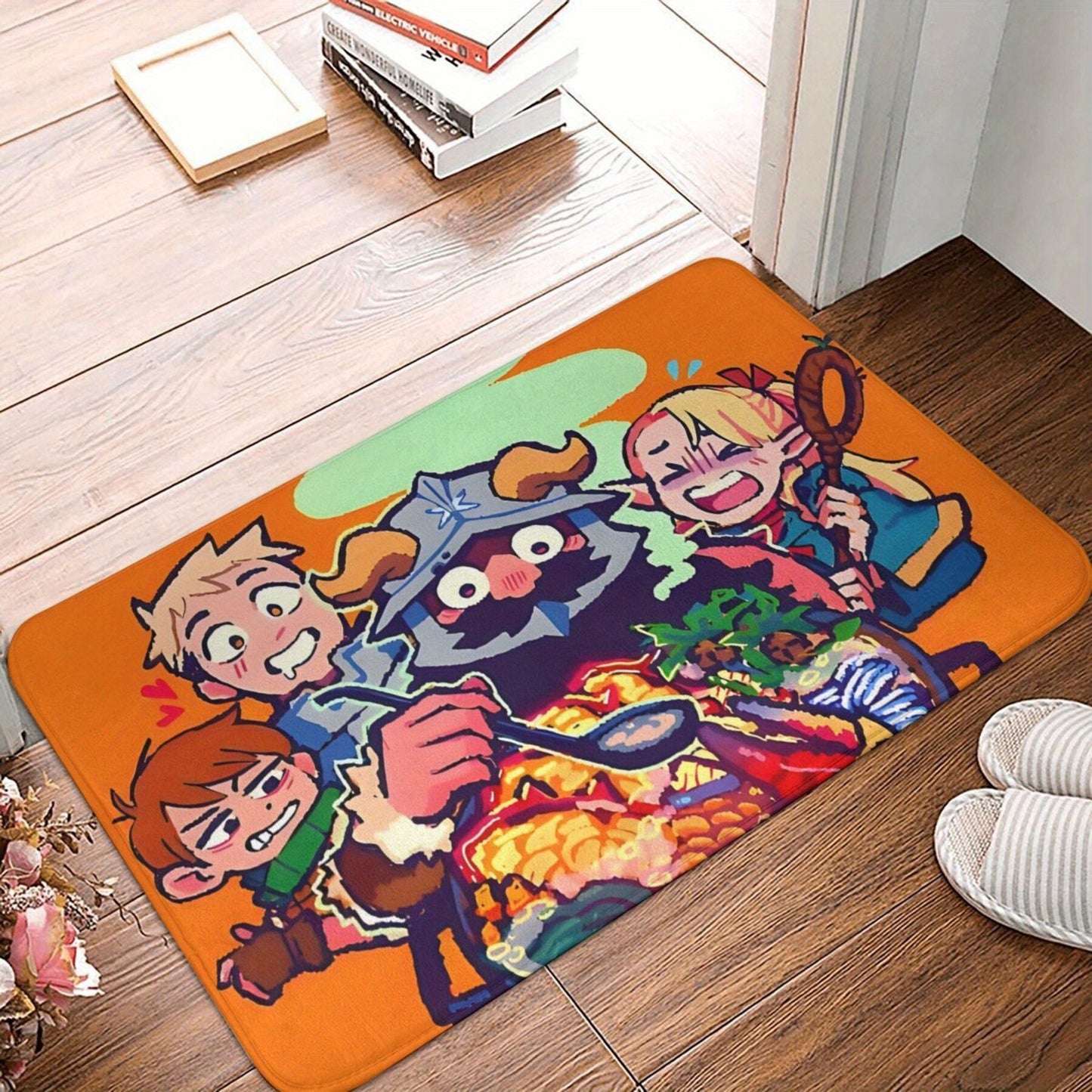 Add a touch of adventure to your home with this "Delicious in Dungeon" themed doormat. Made of lightweight polyester, this vibrant mat features fantasy characters design that is sure to impress. It is machine washable and durable, making it perfect for