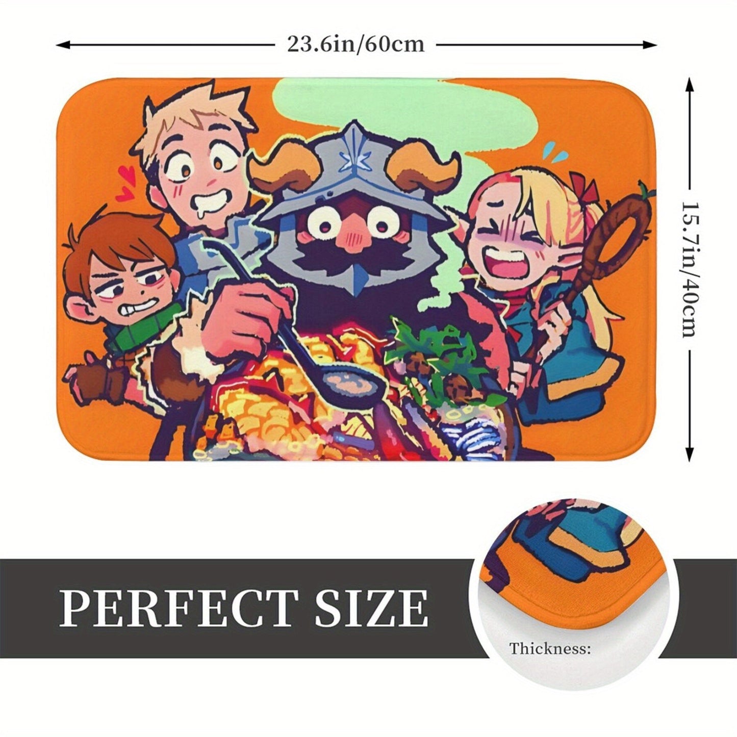 Add a touch of adventure to your home with this "Delicious in Dungeon" themed doormat. Made of lightweight polyester, this vibrant mat features fantasy characters design that is sure to impress. It is machine washable and durable, making it perfect for