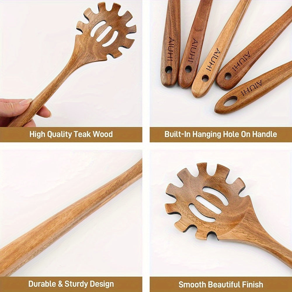 Handcrafted Teak Wood Pasta Fork - Premium Slotted Spoon with Strainer - BPA-Free and Durable Spaghetti Server with Hanging Hole