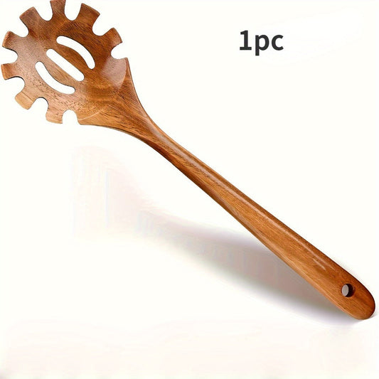 Handcrafted Teak Wood Pasta Fork - Premium Slotted Spoon with Strainer - BPA-Free and Durable Spaghetti Server with Hanging Hole