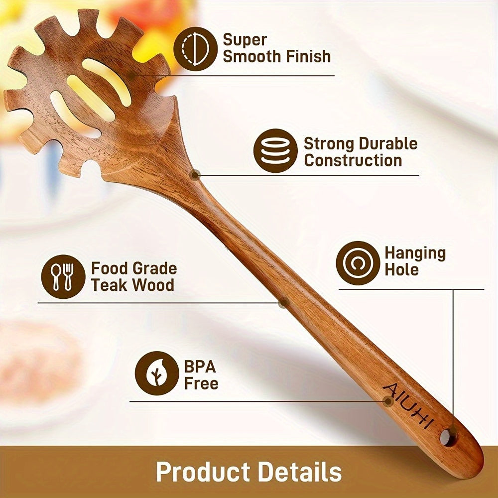 Handcrafted Teak Wood Pasta Fork - Premium Slotted Spoon with Strainer - BPA-Free and Durable Spaghetti Server with Hanging Hole