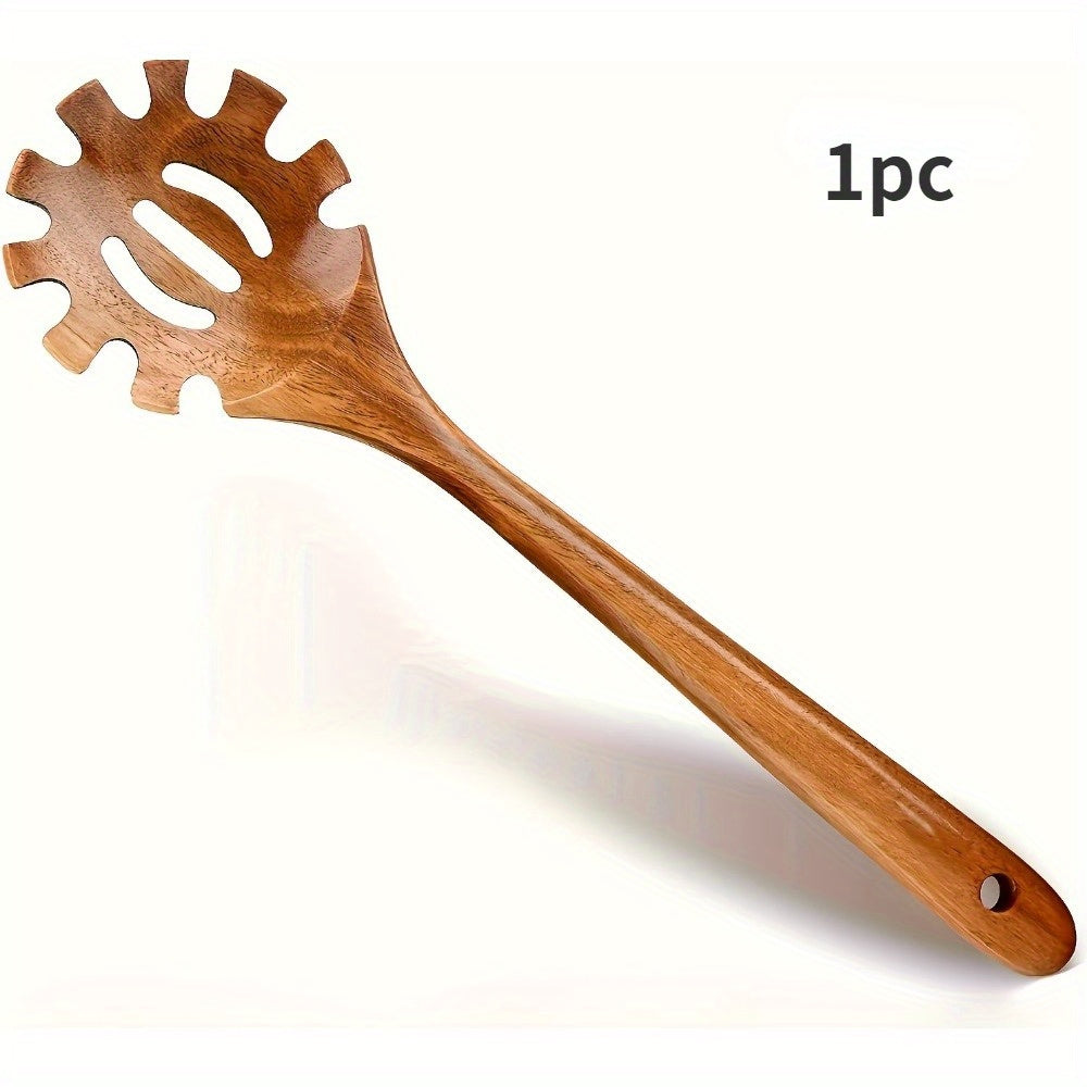 Handcrafted Teak Wood Pasta Fork - Premium Slotted Spoon with Strainer - BPA-Free and Durable Spaghetti Server with Hanging Hole