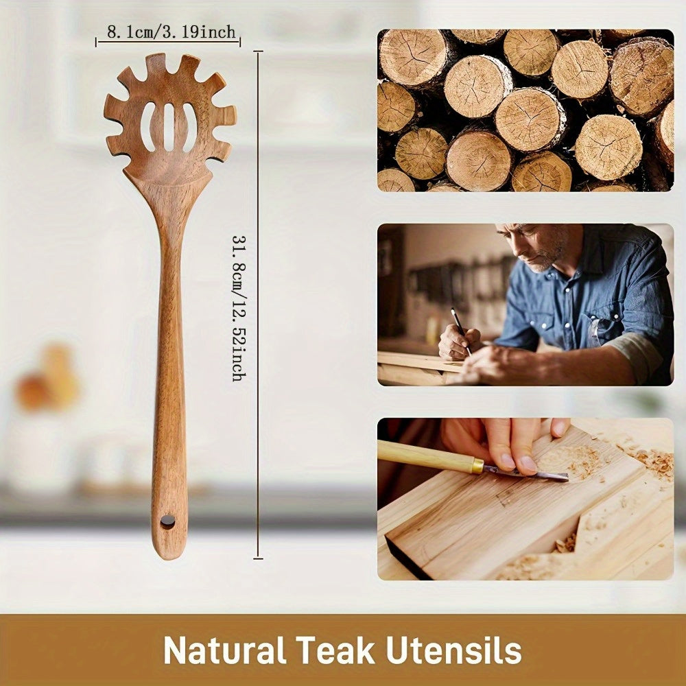 Handcrafted Teak Wood Pasta Fork - Premium Slotted Spoon with Strainer - BPA-Free and Durable Spaghetti Server with Hanging Hole