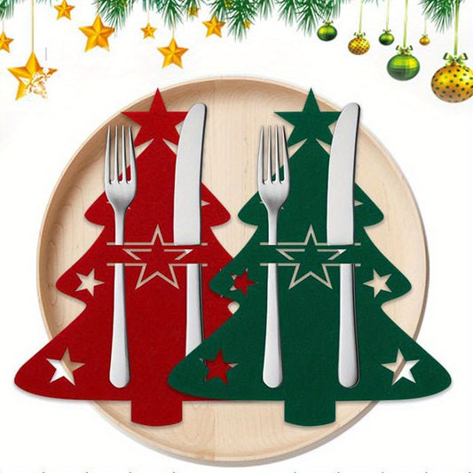 Festive cutlery holders with star-adorned red Christmas tree design for holiday dining.