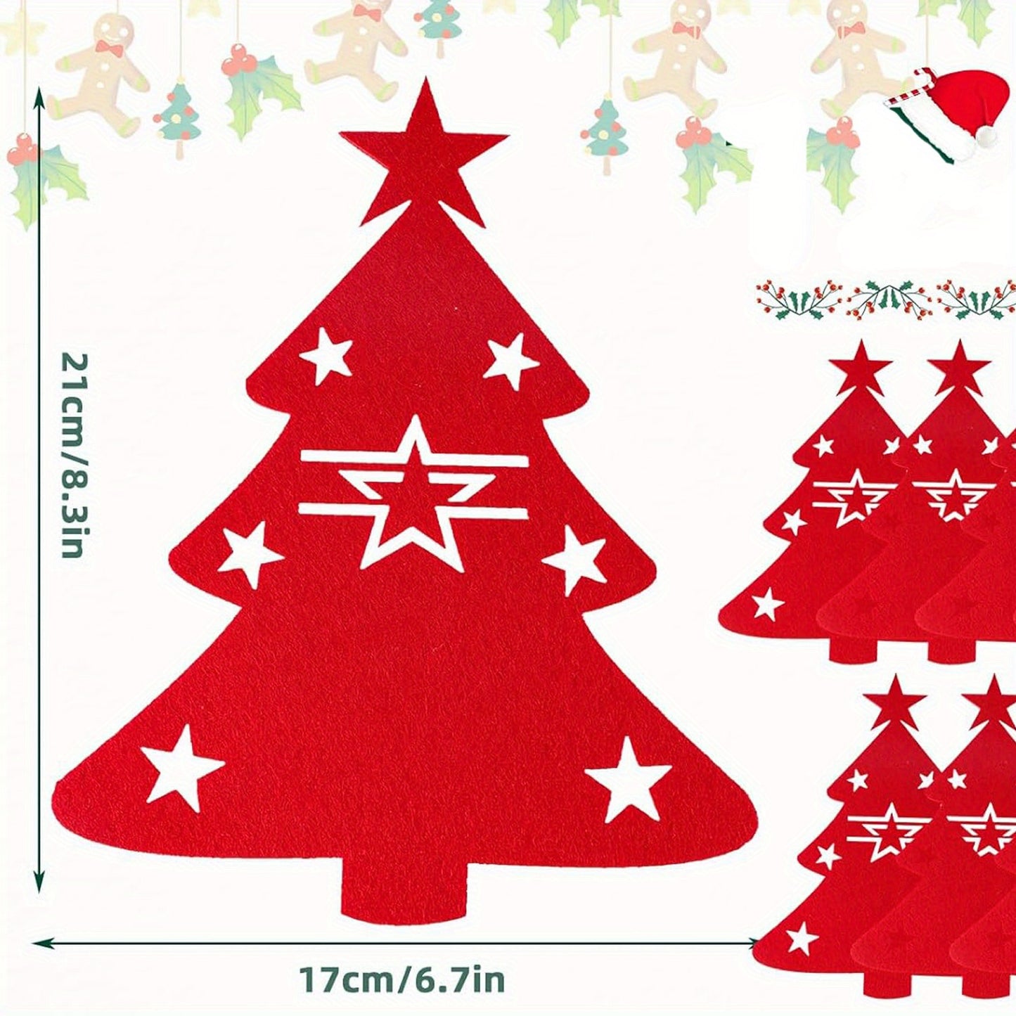 Festive cutlery holders with star-adorned red Christmas tree design for holiday dining.