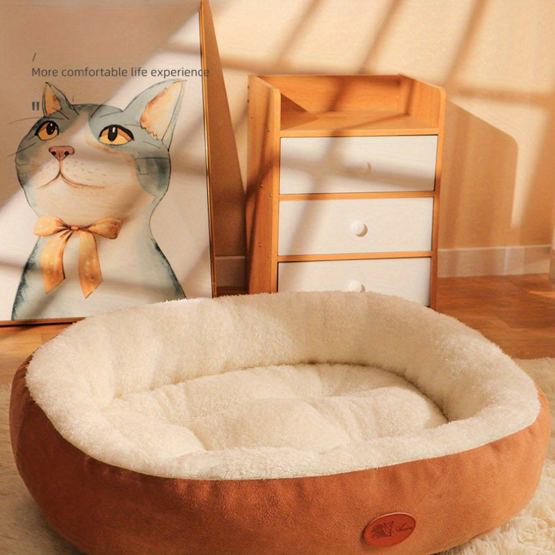 Cozy Pet Bed for Dogs & Cats, Oval Nest, All-Season Warmth, Ideal for Small to Large Breeds, Machine Washable, Beige/Peaches