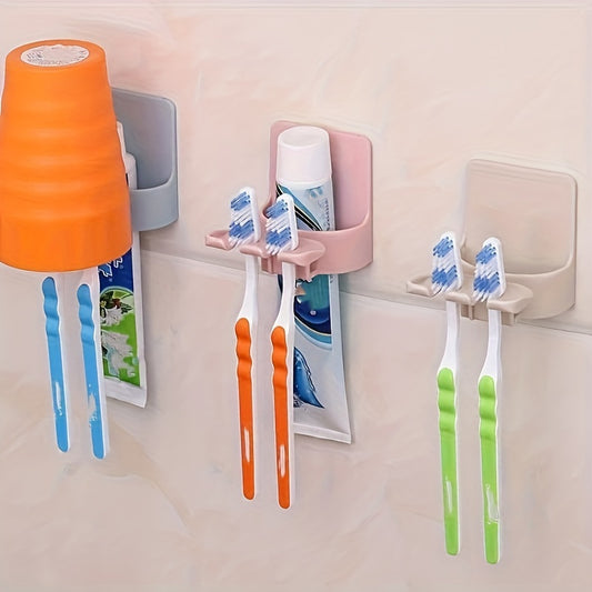 Wall-mounted toothbrush holder saves space, no drilling needed, holds toothbrushes and accessories, made of durable plastic.