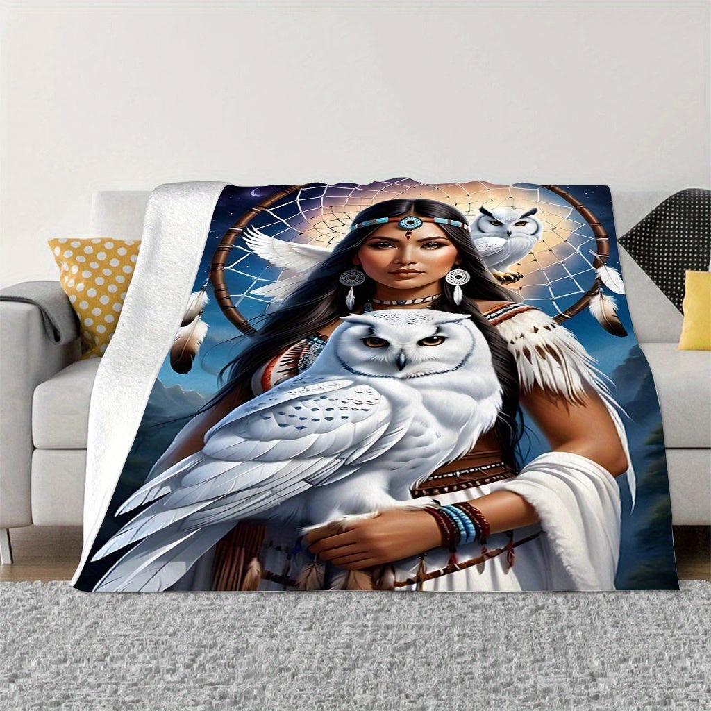 This soft and warm polyester knit flannel throw blanket features a digital print of an eagle queen, perfect for use on the sofa, bed, or while traveling or camping. The contemporary design includes a dreamcatcher and owl, making it suitable for use in