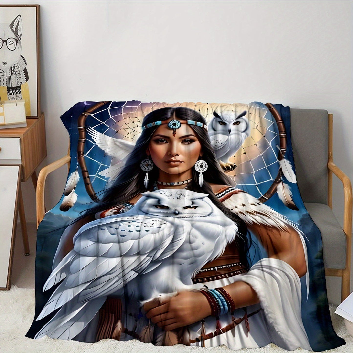 This soft and warm polyester knit flannel throw blanket features a digital print of an eagle queen, perfect for use on the sofa, bed, or while traveling or camping. The contemporary design includes a dreamcatcher and owl, making it suitable for use in